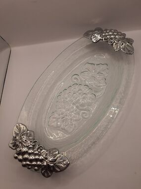 Arthur Court 2008 Grape Motif Glass Serving Tray with Aluminum Handles